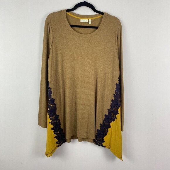 LOGO Lounge by Lori Goldstein Knit Top Godets Contrast Lace Tunic Size 1X Green - Picture 1 of 10